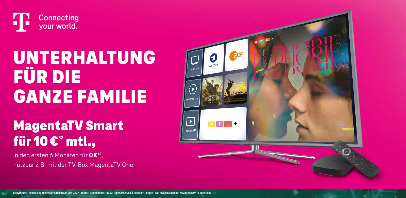 Werbung für MagentaTV Smart mit TV, Fernbedienung und Streamingdiensten auf magentafarbenem Hintergrund.