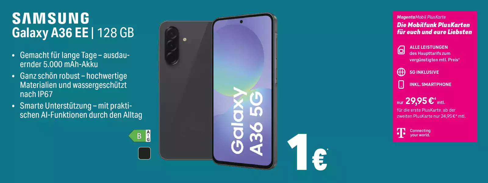 Das Bild zeigt ein Samsung Galaxy A36 EE 128 GB Smartphone mit 5G und Tarifangebot.