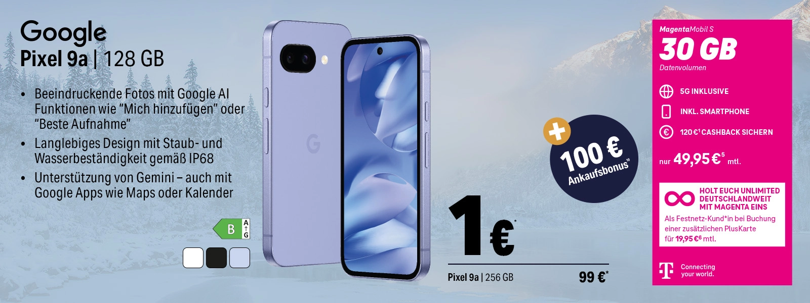 Google Pixel 9a mit 128 GB, IP68 Schutz, Gemini-Unterstützung und MagentaMobil Tarifangebot.