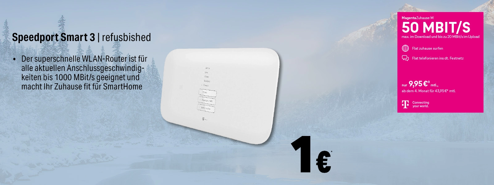 Angebot für Telekom Speedport Smart 3 WLAN-Router mit 50 MBit/s Internet-Tarif im Winterdesign.