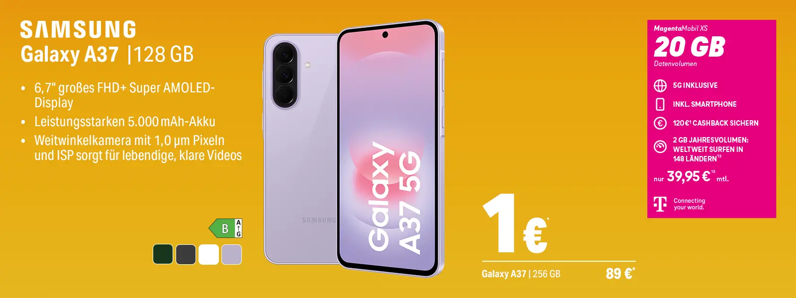 Samsung Galaxy A37 128 GB Angebot mit 5G, 20 GB Datenvolumen und Display