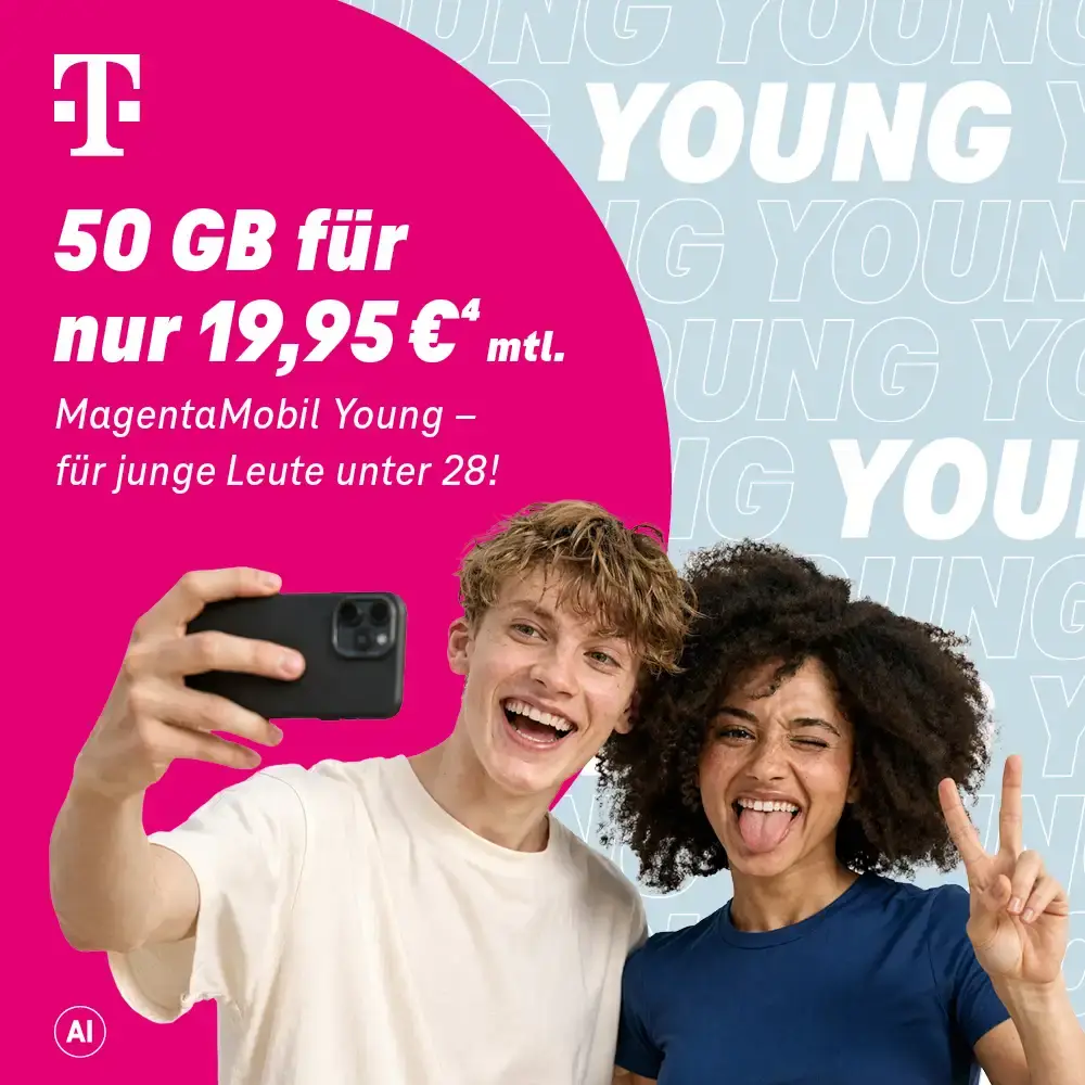 Telekom MagentaMobil Young: zwei junge Leute machen Selfie, 50 GB Tarifangebot